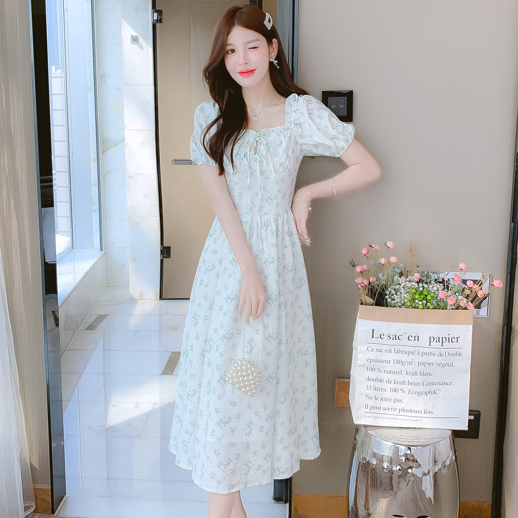 2024 Summer Square Neck Puff Sleeve Green Floral Dress
