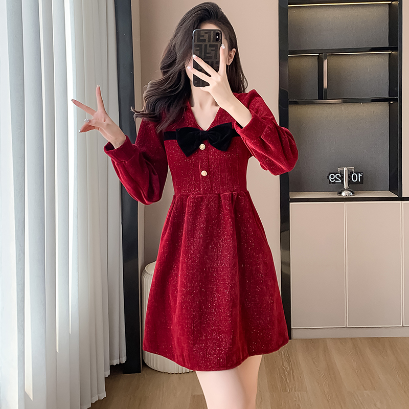 Christmas French Style Bow V-Neck Red Dress Women’s Fall Winter Waist Cinched Sequin A-Line Skirt