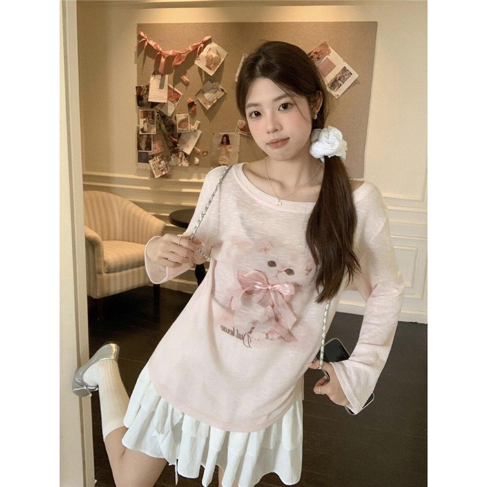 Cute 3D Bow Cat Print Long Sleeve T-Shirt Women's Smock Pleated Hot Sale Age-Reducing - Image 3