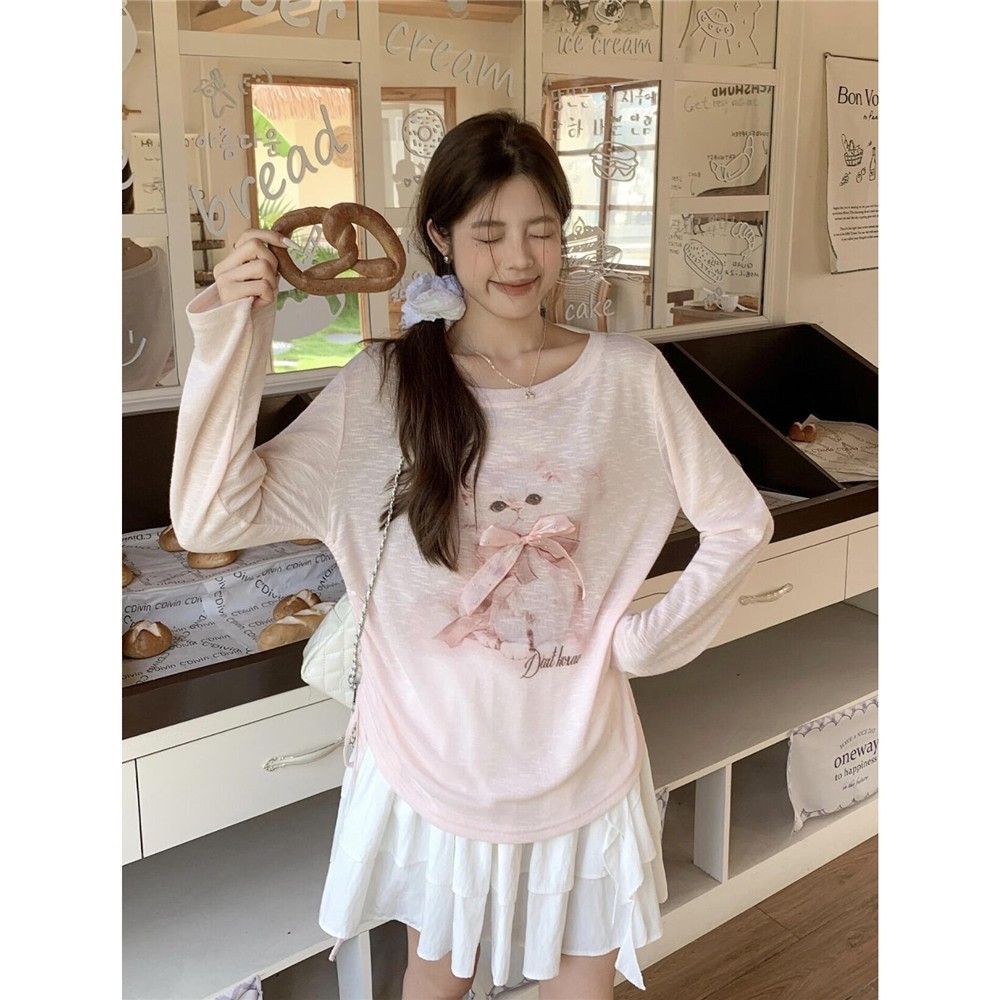 Cute 3D Bow Cat Print Long Sleeve T-Shirt Women's Smock Pleated Hot Sale Age-Reducing - Image 4