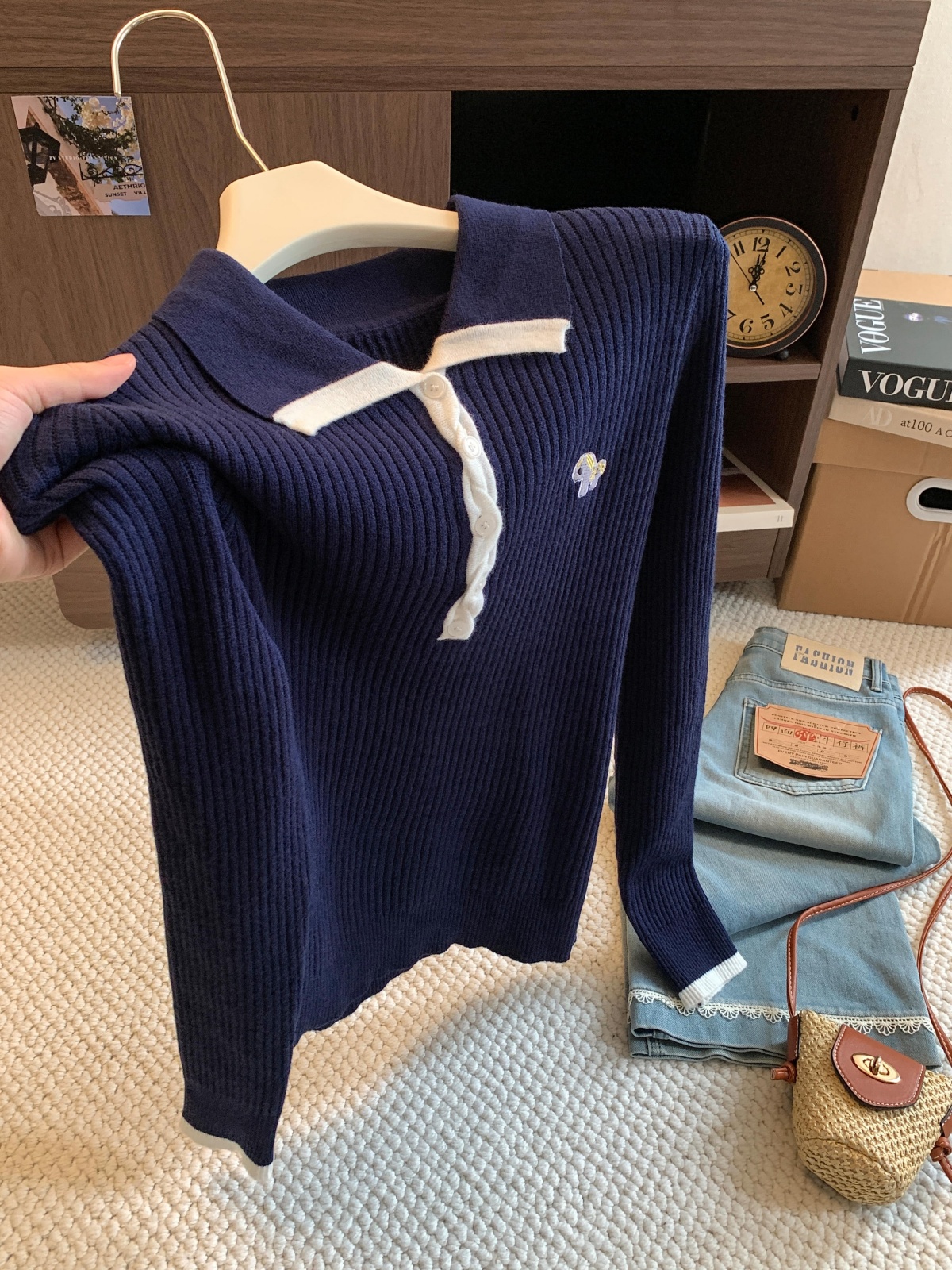 Embroidered Polo Neck Slim Fit Knit Top for Women Fall Winter New - Image 3