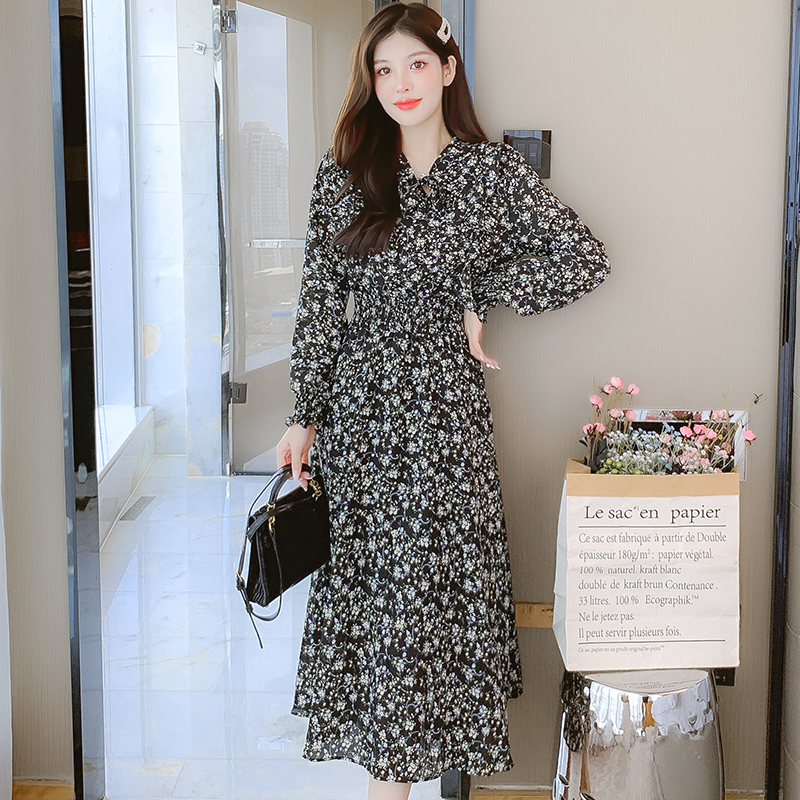 Floral Chiffon Dress Women French Tea Break Long Sleeve Petite 2024 Spring