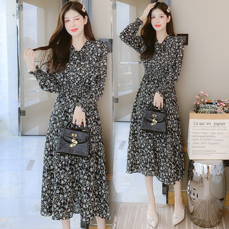Floral Chiffon Dress Women French Tea Break Long Sleeve Petite 2024 Spring - Image 2