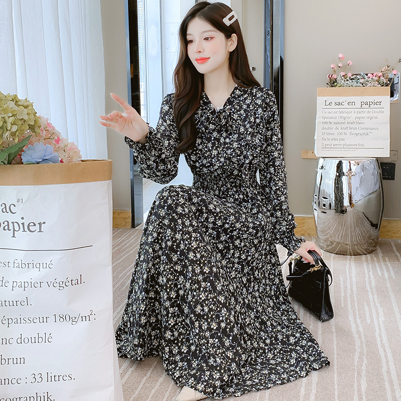 Floral Chiffon Dress Women French Tea Break Long Sleeve Petite 2024 Spring - Image 3
