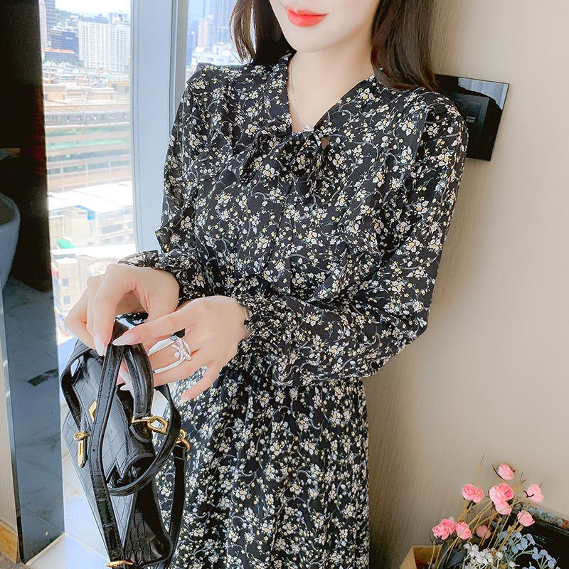 Floral Chiffon Dress Women French Tea Break Long Sleeve Petite 2024 Spring - Image 4