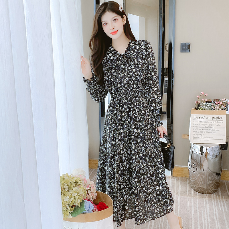 Floral Chiffon Dress Women French Tea Break Long Sleeve Petite 2024 Spring - Image 5