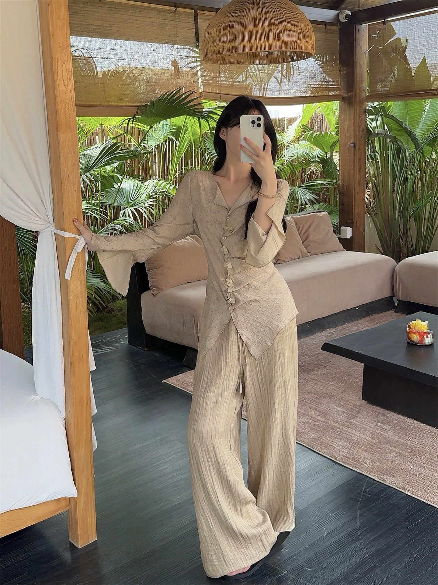 French Retro Flared Sleeve Shirt and Wide Leg Pants Two Piece Set