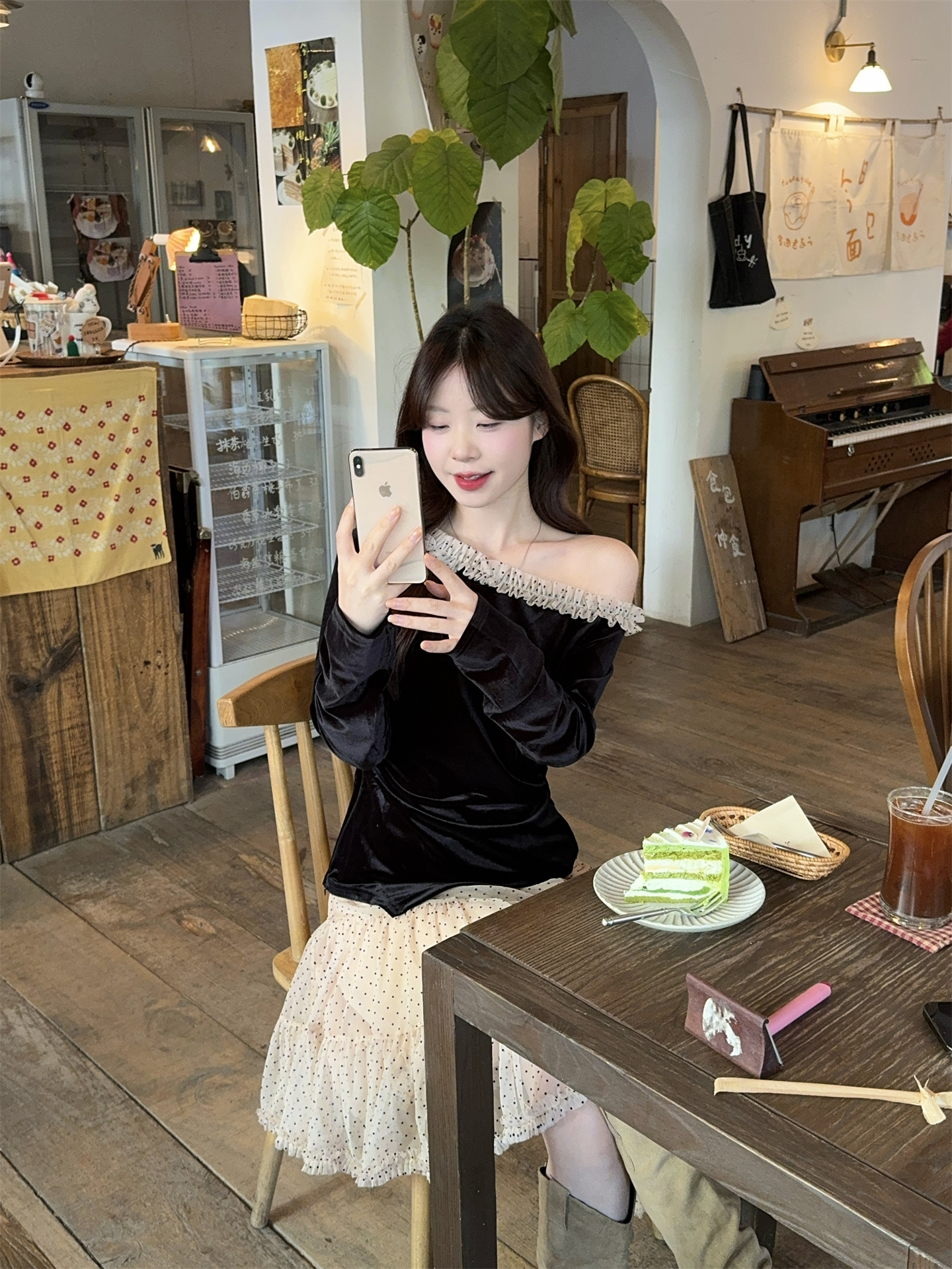 French Style Black Velvet One-Shoulder Shirt and Polka Dot Irregular Skirt Two-Piece Set