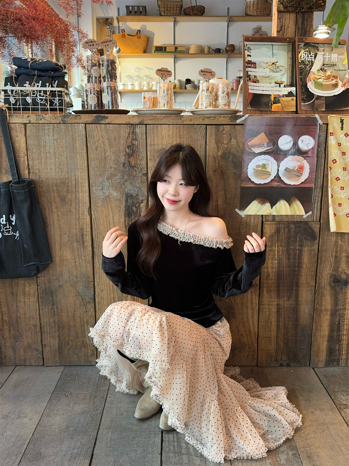 French Style Black Velvet One-Shoulder Shirt and Polka Dot Irregular Skirt Two-Piece Set - Image 3