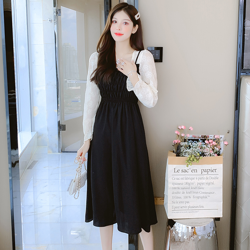 French Style Faux Two Piece Long Sleeve Dress Women 2024 Early Autumn New Petite Waist Cinched Slimming Temperament