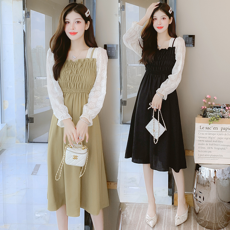 French Style Faux Two Piece Long Sleeve Dress Women 2024 Early Autumn New Petite Waist Cinched Slimming Temperament - Image 2