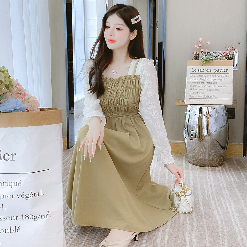 French Style Faux Two Piece Long Sleeve Dress Women 2024 Early Autumn New Petite Waist Cinched Slimming Temperament - Image 3