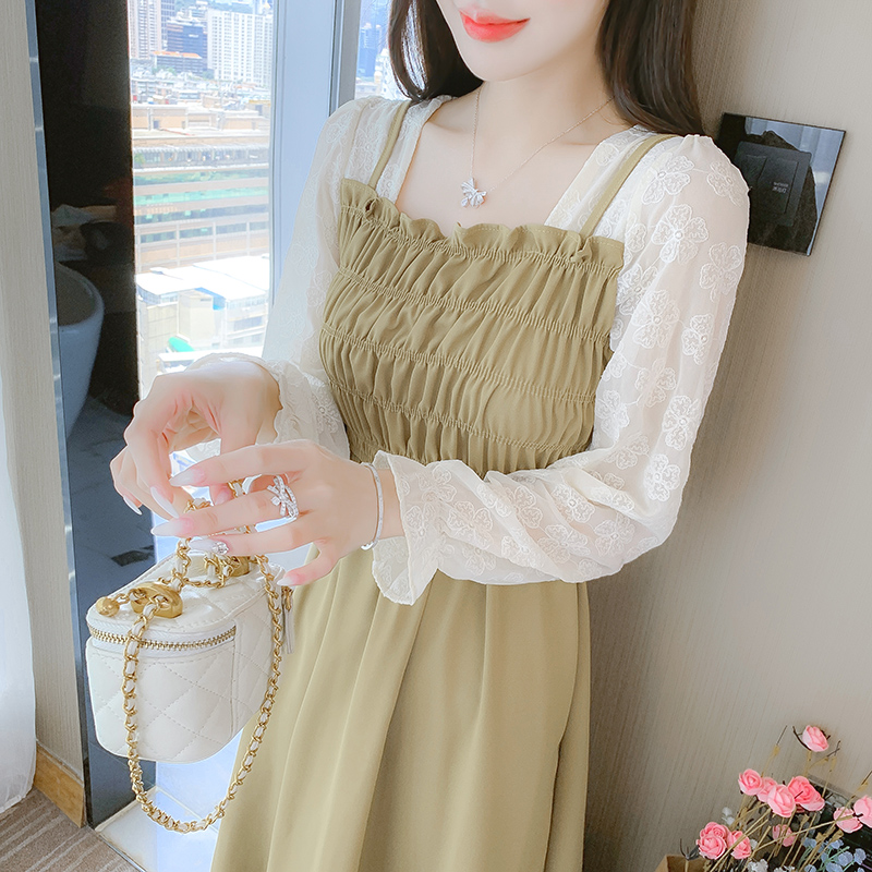 French Style Faux Two Piece Long Sleeve Dress Women 2024 Early Autumn New Petite Waist Cinched Slimming Temperament - Image 4