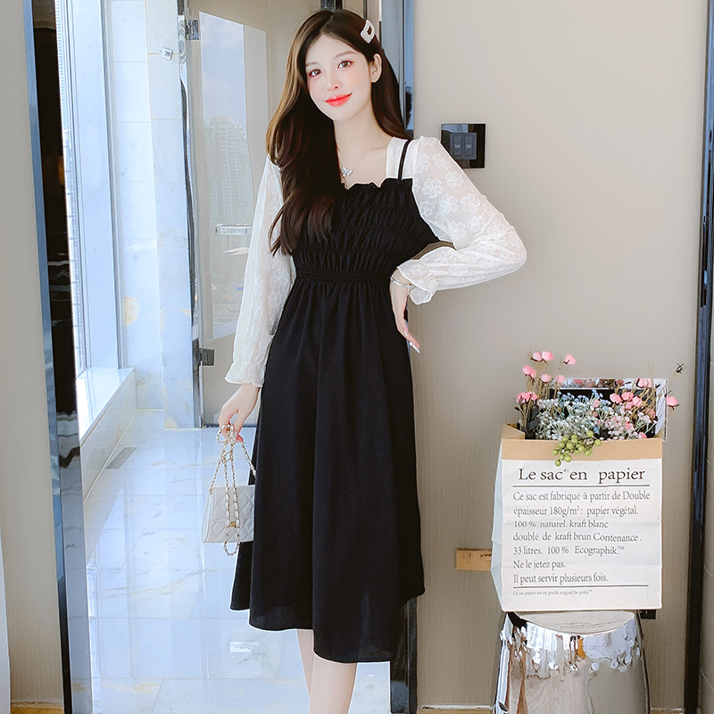 French Style Faux Two Piece Long Sleeve Dress Women 2024 Early Autumn New Petite Waist Cinched Slimming Temperament - Image 5