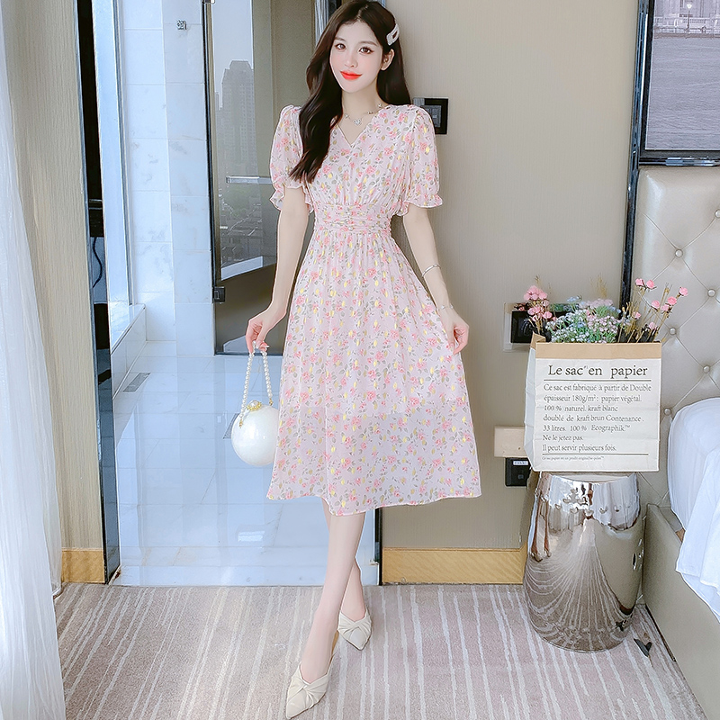 French V-Neck Chiffon Floral Dress Women Summer 2024 New Waist Sweet First Love Fairy Long Dress