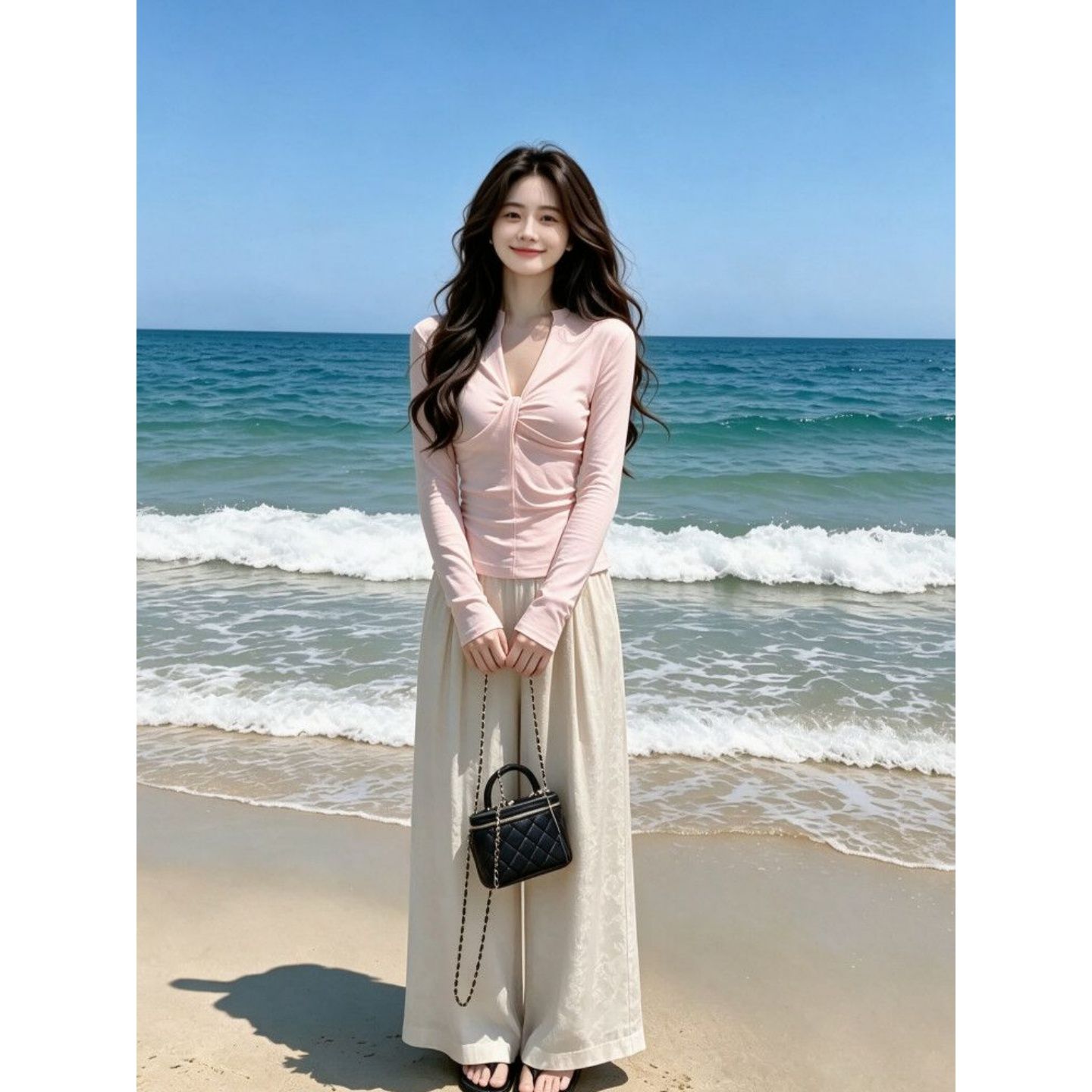 Korean Chic Sweet Pink Long Sleeve T-Shirt Summer 2026 New Ins Style High Waist Drape