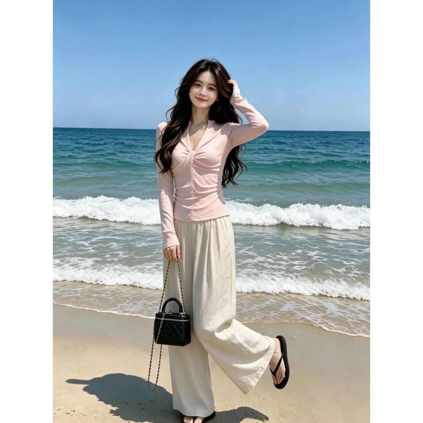 Korean Chic Sweet Pink Long Sleeve T-Shirt Summer 2026 New Ins Style High Waist Drape - Image 2
