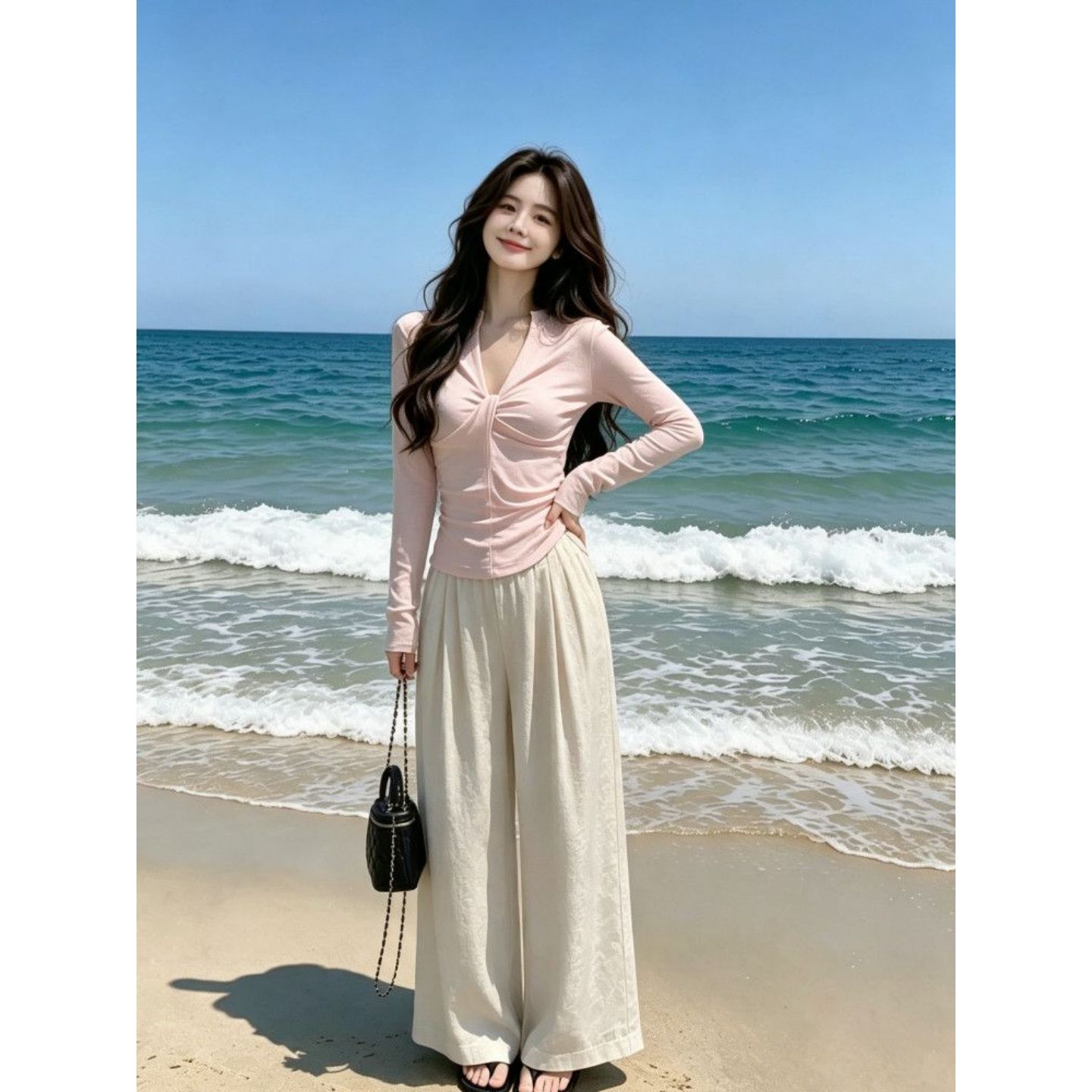 Korean Chic Sweet Pink Long Sleeve T-Shirt Summer 2026 New Ins Style High Waist Drape - Image 3