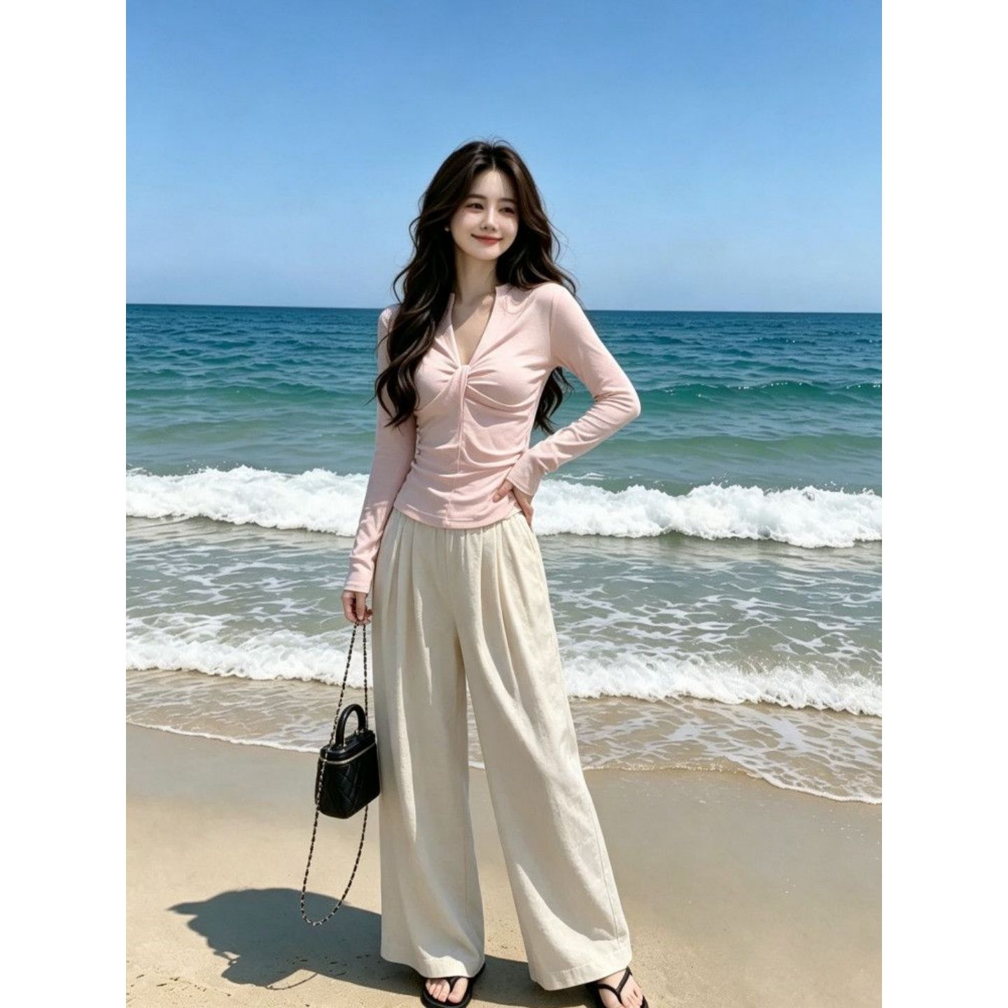 Korean Chic Sweet Pink Long Sleeve T-Shirt Summer 2026 New Ins Style High Waist Drape - Image 4