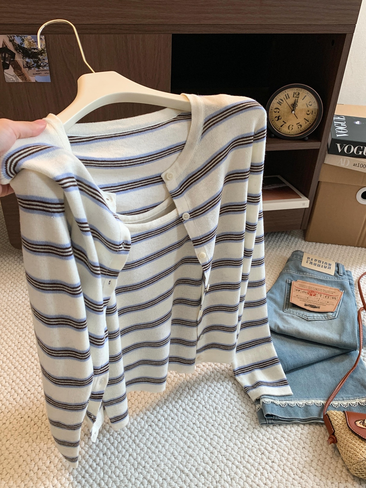 Korean Style Color Block Striped Knit Cardigan and Tank Top Two Piece Set for Early Fall