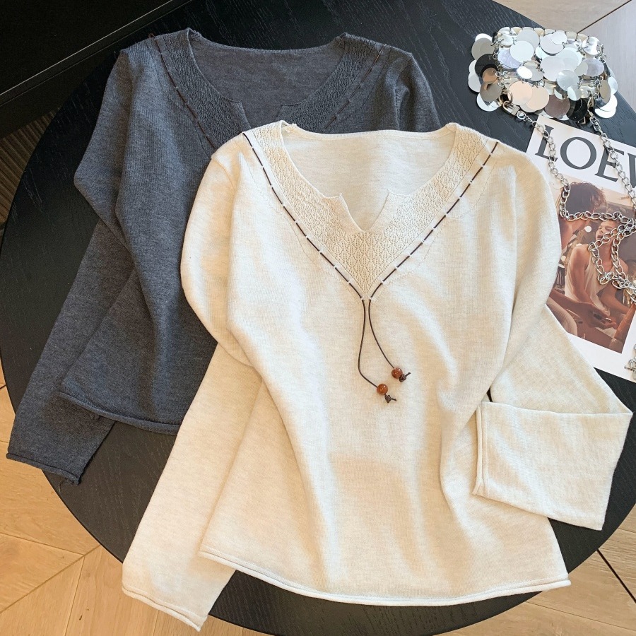 Lazy Style V-Neck Hollow Out Long Sleeve Knit Sweater Women 2026 Autumn New Loose Casual Inner Base Top - Image 5