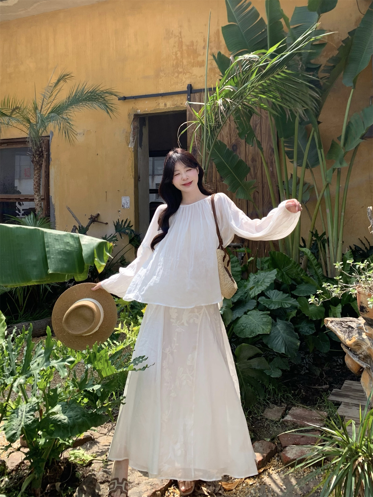 New Chinese Style Puff Sleeve Shirt and Embroidered Jacquard Skirt Two-Piece Set