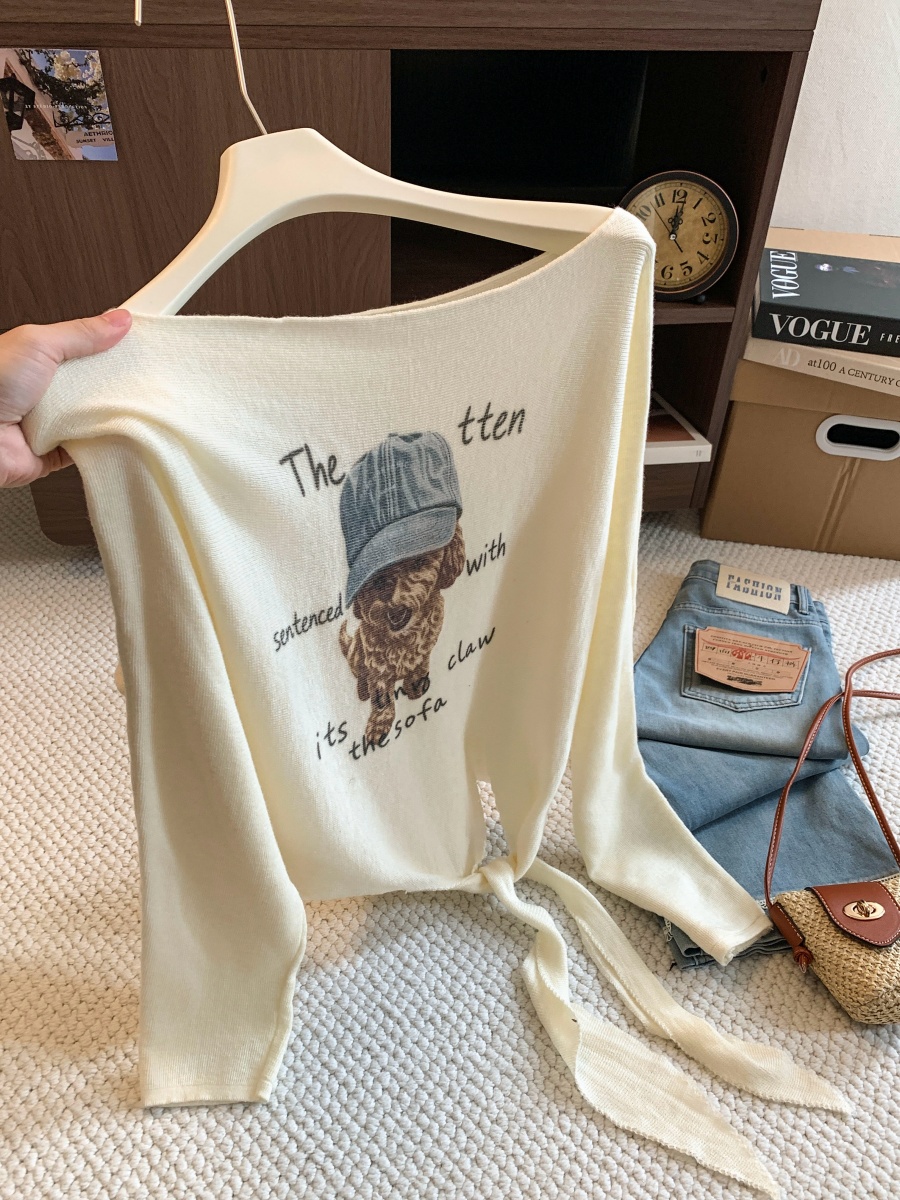 Sweet Cool Puppy Print Off-Shoulder Long-Sleeve Knit Top for Women Early Autumn New Tie Design Casual Versatile