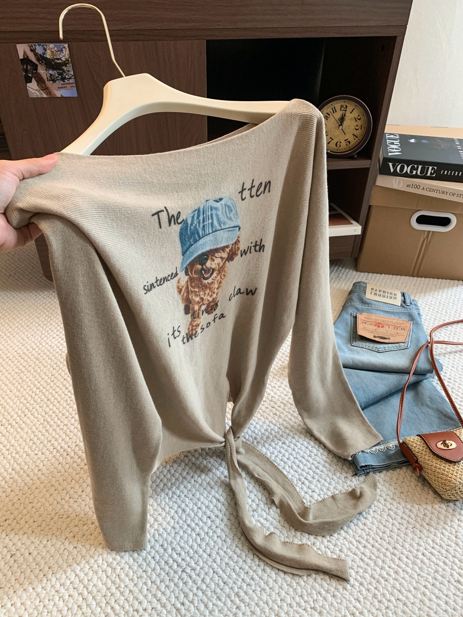 Sweet Cool Puppy Print Off-Shoulder Long-Sleeve Knit Top for Women Early Autumn New Tie Design Casual Versatile - Image 2