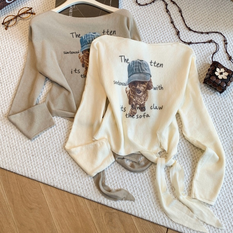 Sweet Cool Puppy Print Off-Shoulder Long-Sleeve Knit Top for Women Early Autumn New Tie Design Casual Versatile - Image 5