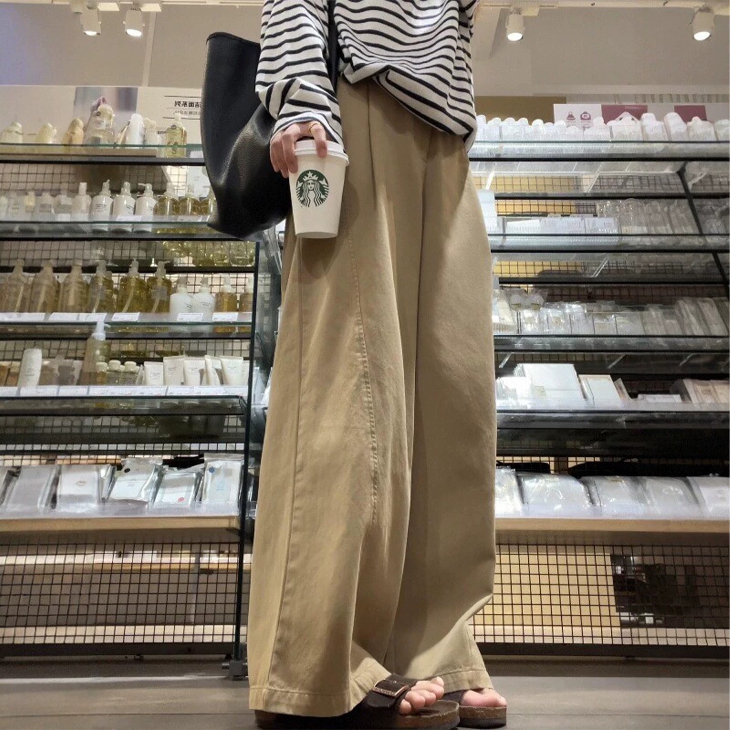 Women’s Drawstring Elastic Waist Cargo Pants 2025 Fall Straight Leg Korean Style Wide Leg Pants