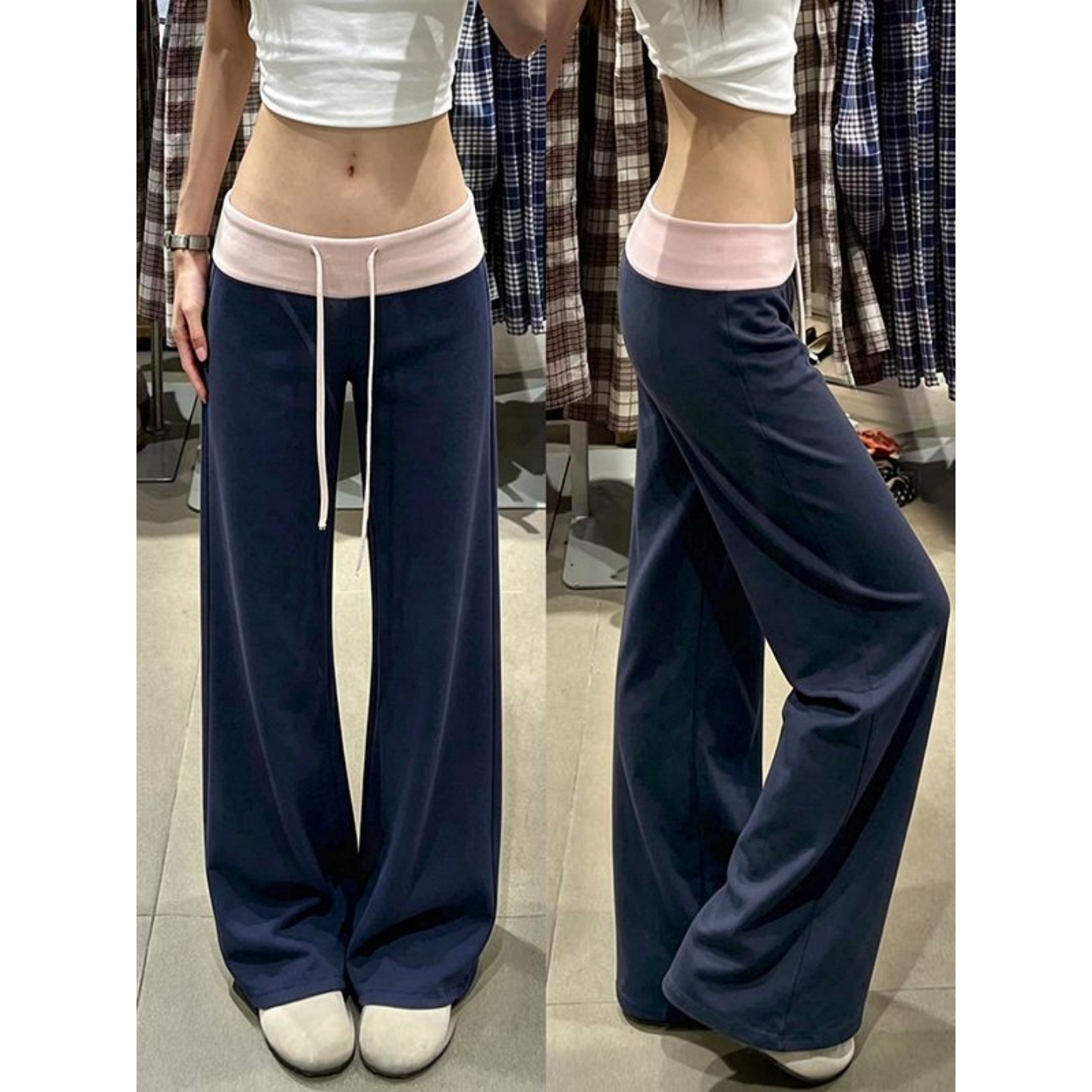 Women’s High Waist Wide Leg Casual Pants Navy Pink Color Block Summer