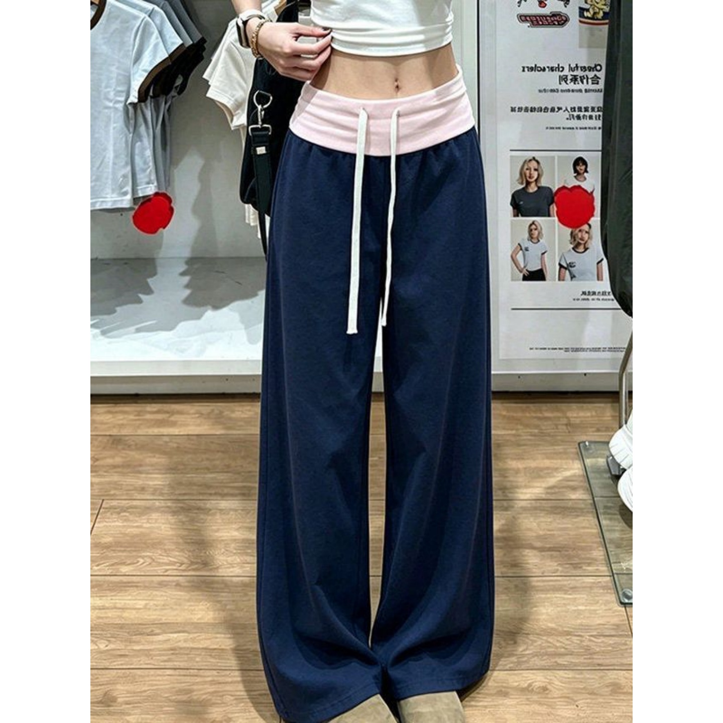 Women's High Waist Wide Leg Casual Pants Navy Pink Color Block Summer - Image 2