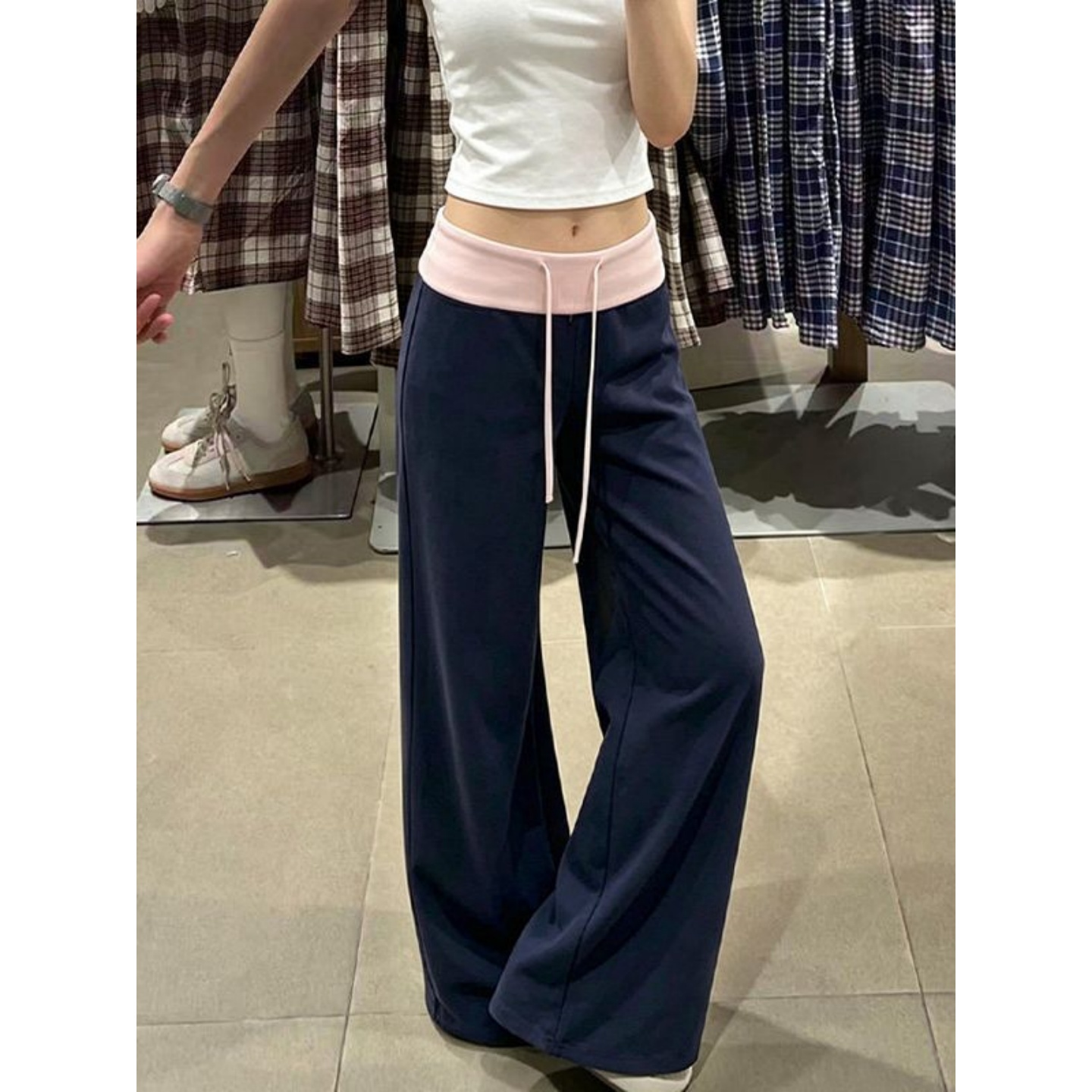 Women's High Waist Wide Leg Casual Pants Navy Pink Color Block Summer - Image 3