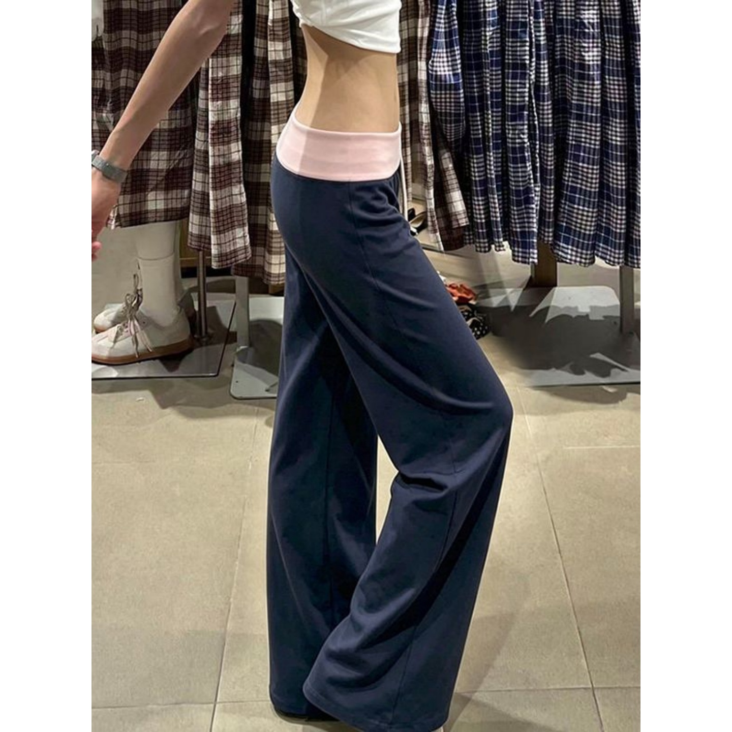 Women's High Waist Wide Leg Casual Pants Navy Pink Color Block Summer - Image 4