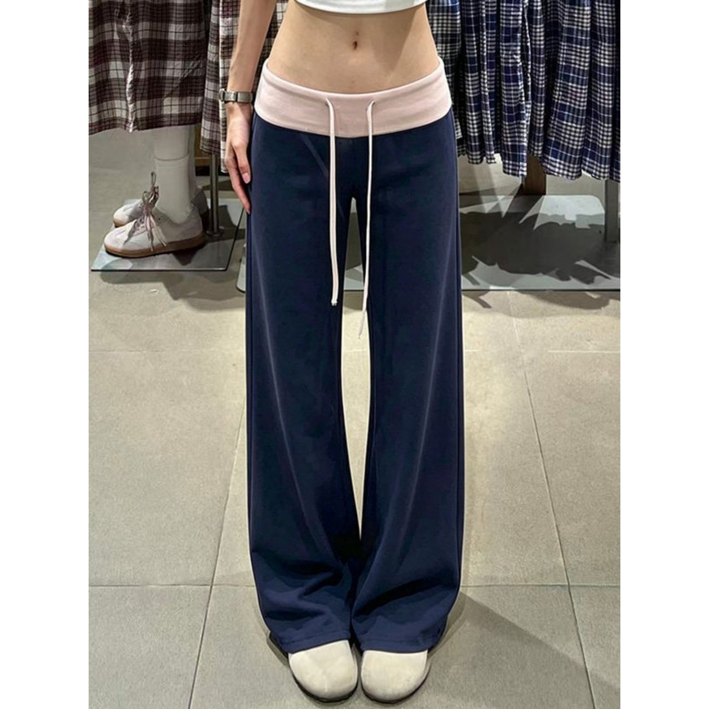 Women's High Waist Wide Leg Casual Pants Navy Pink Color Block Summer - Image 5