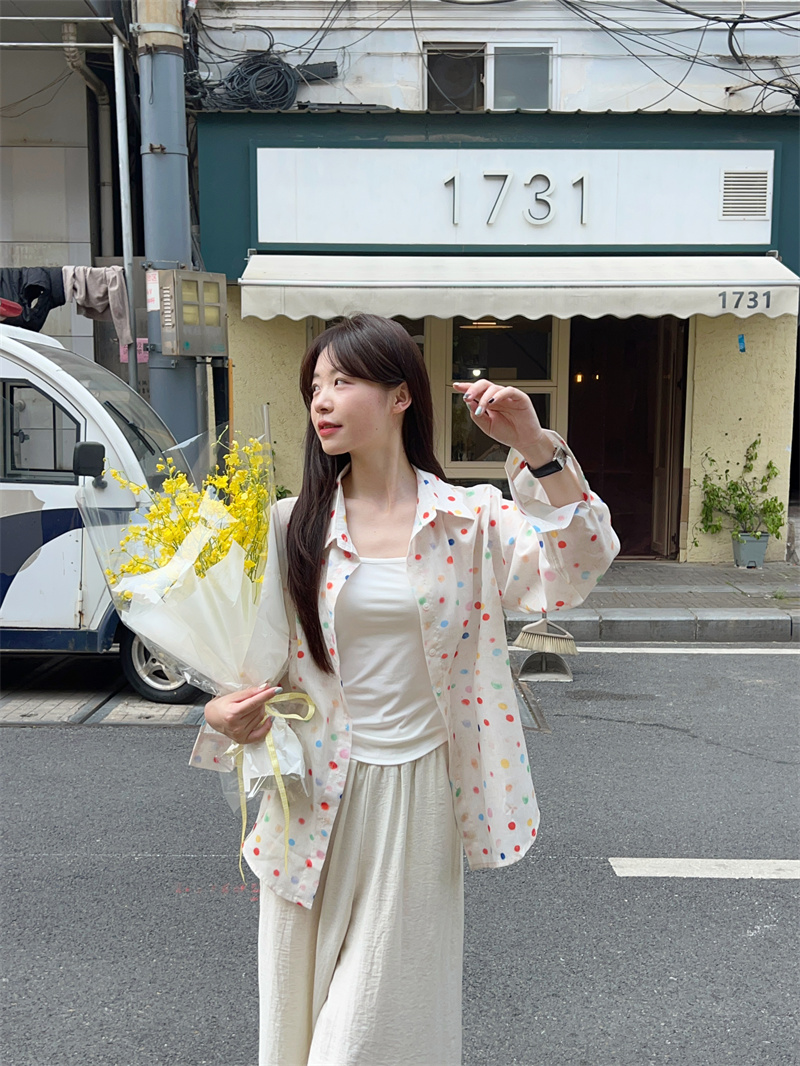 Women’s Loose Fit Polka Dot Sun Protection Shirt and Wide Leg Pants Set