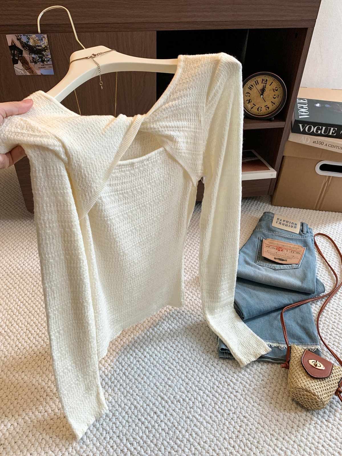 Women’s Round Neck Semi-Sheer Long Sleeve Knit Sweater 2026 Fall Textured Back Cutout Top