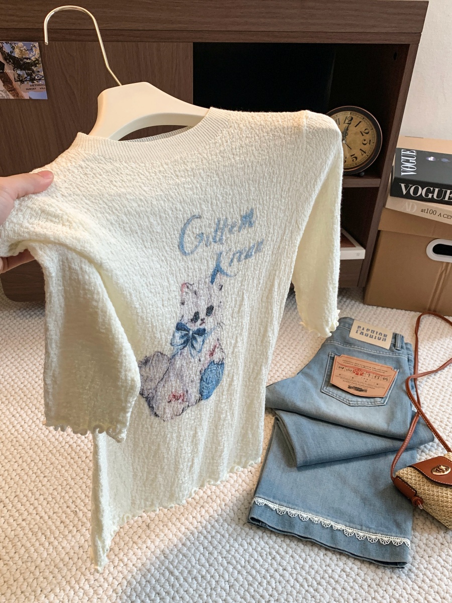 Women’s Slim Fit Cat Print Knit Top Half High Neck Ruffle Trim Half Sleeve