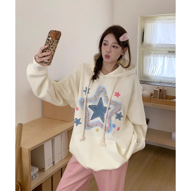 Women’s Star Print Hooded Sweatshirt Casual Lazy Campus Style Top